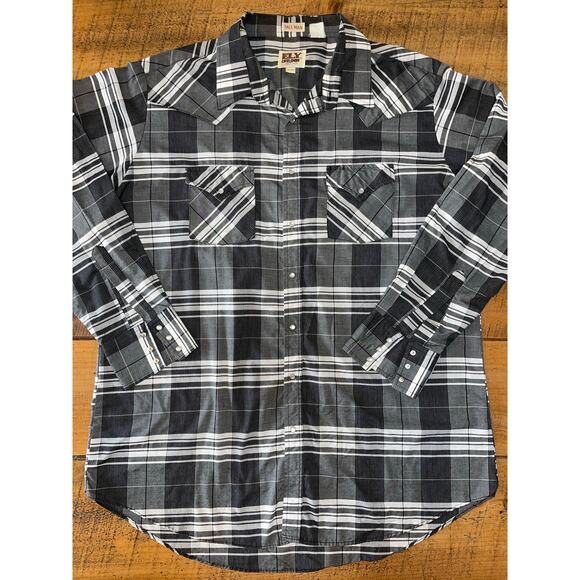 Mens Ely Cattleman 2XL Tall Black White Plaid Snap‎ Button Up Lightweight Shirt - Picture 1 of 7